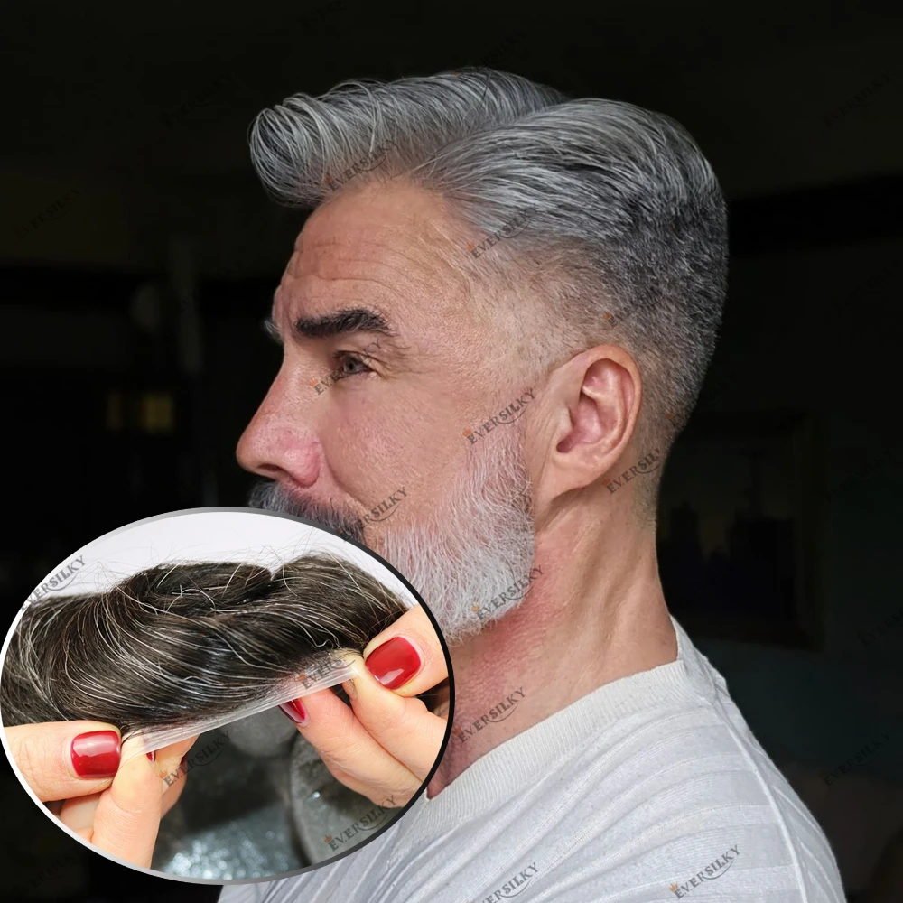 

Натуральная линия волос 0,02 мм-0,03 мм, тонкая кожа, невидимая основа, плотность 80%-90%, мужской парик, серый мужской капиллярный протез из человеческих волос