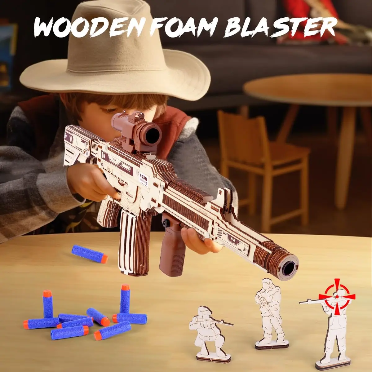 VATOS 3D Wooden Gun Puzzles for Kids Adult with Foam Soft Bullet Electric Wooden M416 Model Rifle Guns Toy DIY Building Gift Boy