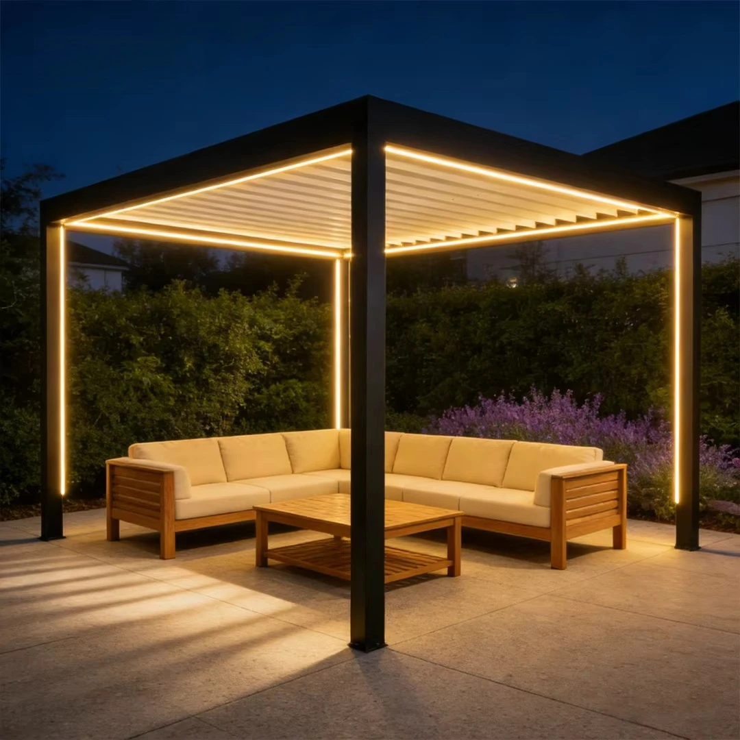 Luxury Aluminum Pergola, Motorized Automatic Roof with LED Lighting, Eco‑Friendly Outdoor Gazebo Shelter for Backyard Use