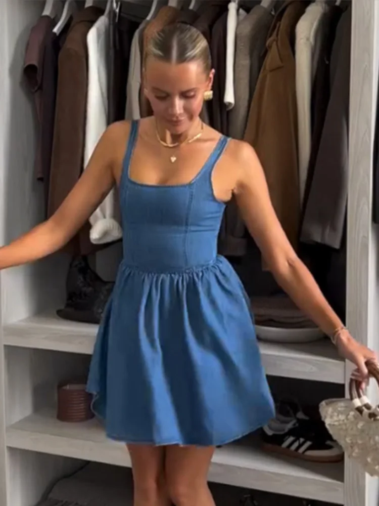 

Summer New Women's Sleeveless Denim Mini Dress Off Shoulder Soft Comfortable Dresses With Ruffles Casual Daily Vacation Wear