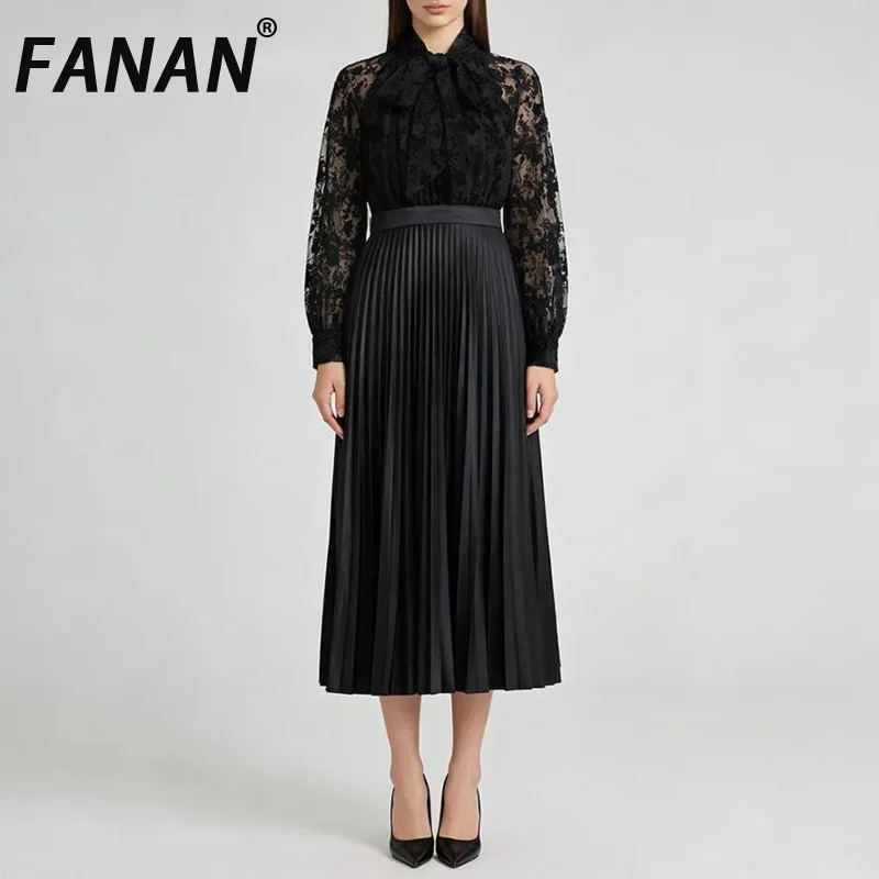 

Элегантное женское платье FANAN с черным принтом, прозрачными вставками и складками, с круглым вырезом, длинными рукавами, в стиле пэчворк, с бантом