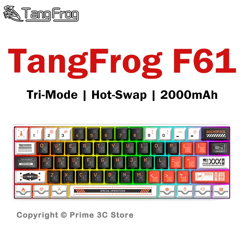 TangFrog F61 Custom Mechanical Keyboard 60% 61 Keys Tri Mode 2.4G Bluetooth Wired Hot Swap Silver Moon RGB 2000mAh Large battery