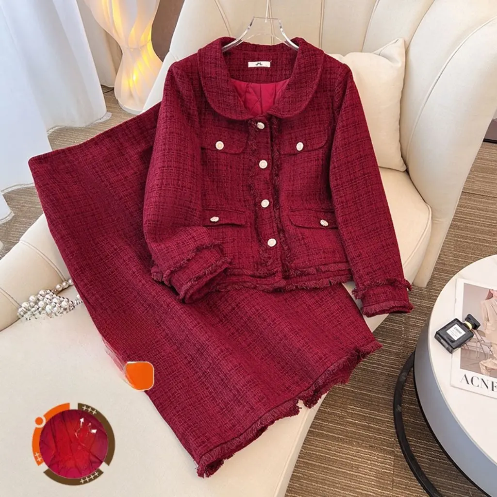 

Женский зимний комплект из пальто и юбки больших размеров, винно-красный хлопок, маленький стиль для полных девочек, емкость 300 кг