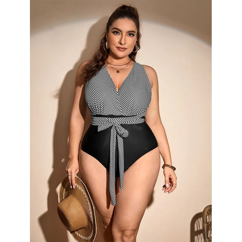 

Цельный купальник большого размера с волнистым принтом для женщин, новая коллекция с бретелями с открытой спиной, цельный купальник высокого класса Y2k