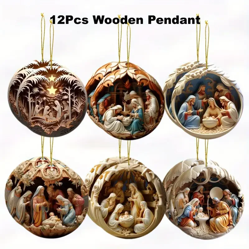 12PCS 3D-Like Nativity Scene Wooden Ornaments Set for Youngsters Showers & Birthdays Full Moon Christmas Festive Home Decoration