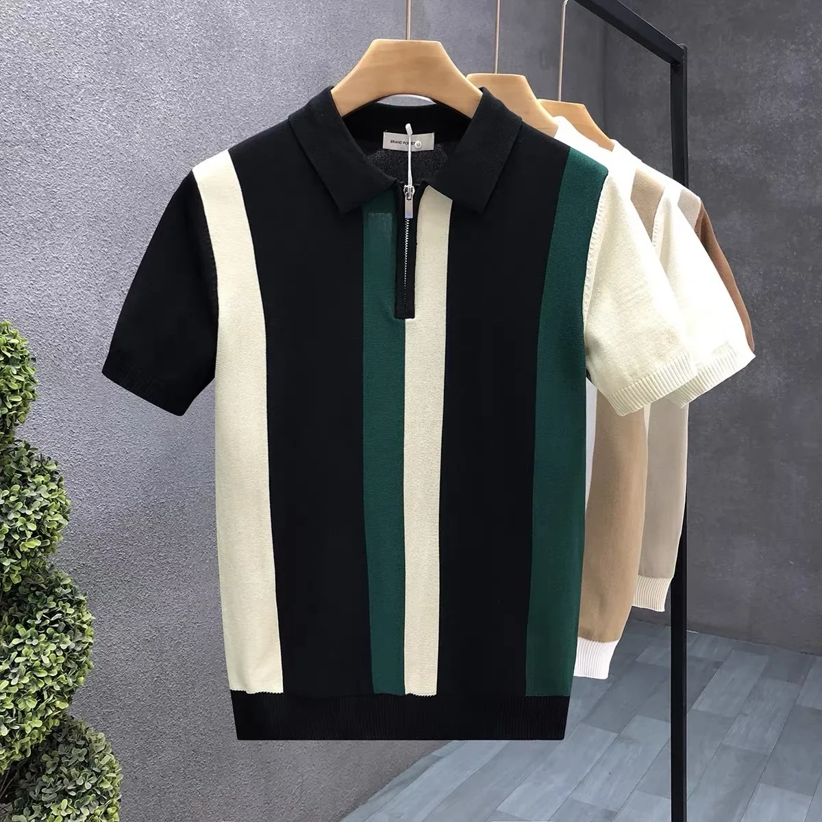 

Polo Shirt Short Sleeve Knitted Slim Fit Half Zip Color Block Men's Business Casual Trendy Brand Breathable Summer T-Shirt
