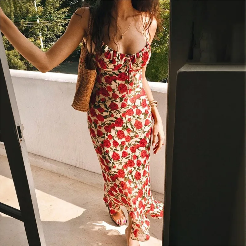 

Bohemian Fashion Flower Printed Dress Sexy Beach Vacation Strap Dresses For Summer Ladies Foreign Style Elegant Party Vestidos