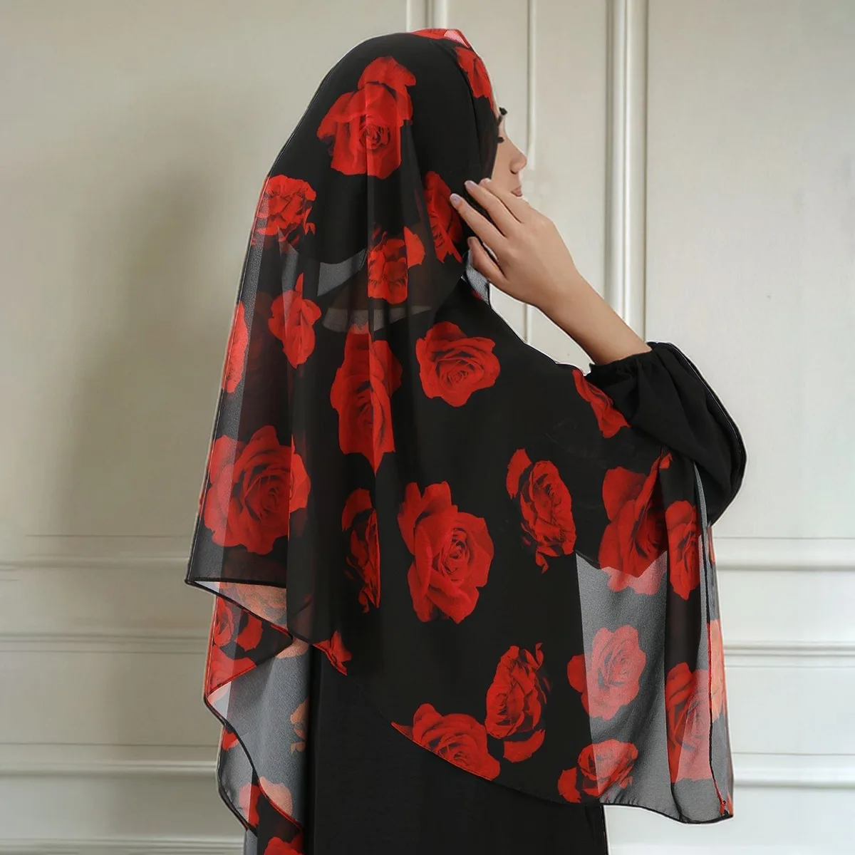 Autumn Hot Sale New Rose Digital Print Chiffon Long Scarf for Women, Cross Border Head Scarf Shawl Wrap Wholesale