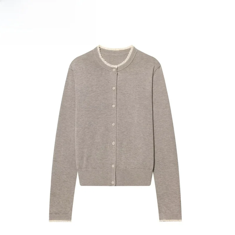 Fashionable Knitted Outerwear with Lace Trim Layer Autumn Winter Polyester Fiber Long Sleeve round Neck Single Button Closure...