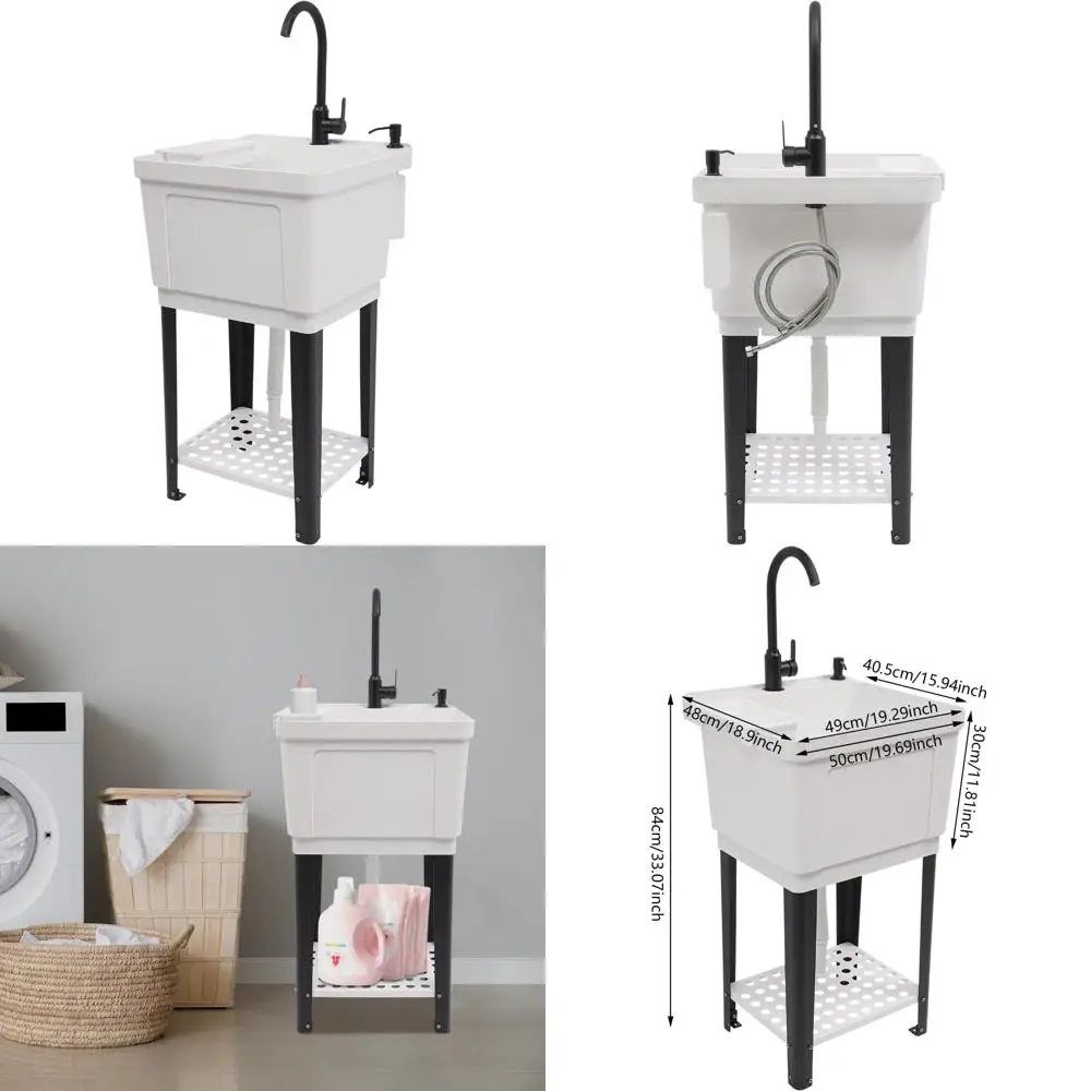 

Black Plastic Laundry Sink with Storage and Rotatable Faucet - Space-Saving Utility Tub for Garage or Basement