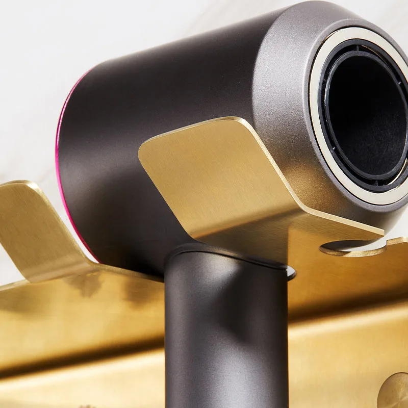 Imagem -03 - Escovado Ouro Latão Secador de Cabelo do Banheiro Rack Suporte do Secador de Sopro Prateleira de Banho de Parede Acessórios Domésticos