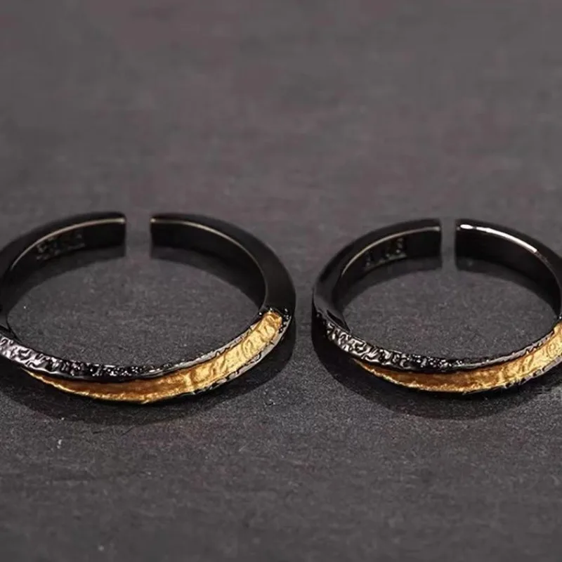 خاتم زوجين ذهبي أسود فاخر وبسيط وخفيف الوزن وخواتم مزاج حديثة للخيال العلمي