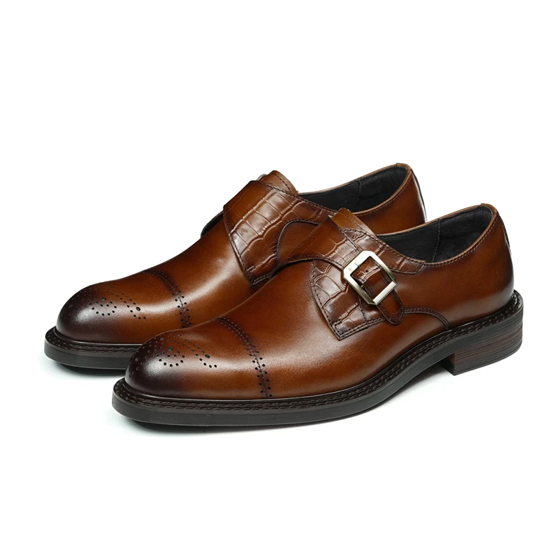 

Monk Shoes Men Calfskin Leather Slip-Ons Footwear Round Toe Buckle Straps Men Business Dress Shoes