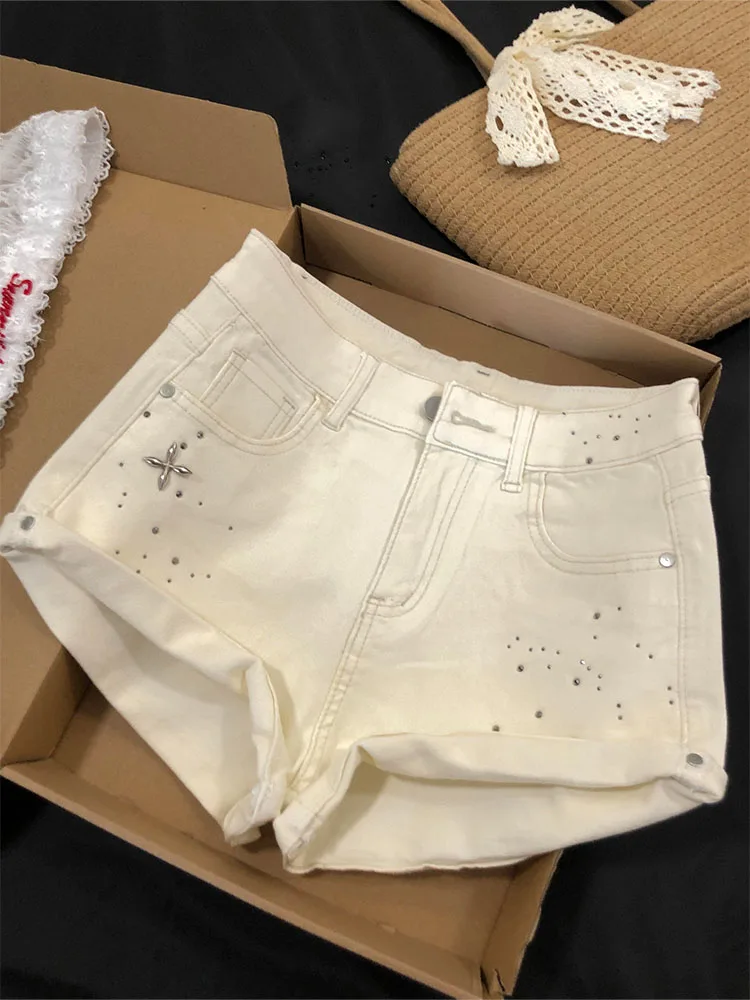 

Summer New Sle Hot Girl Heavy Drillings Denim orts Women's High Waist Wide Leg A-Line Hot Pants Casual Waed Cotton Blend