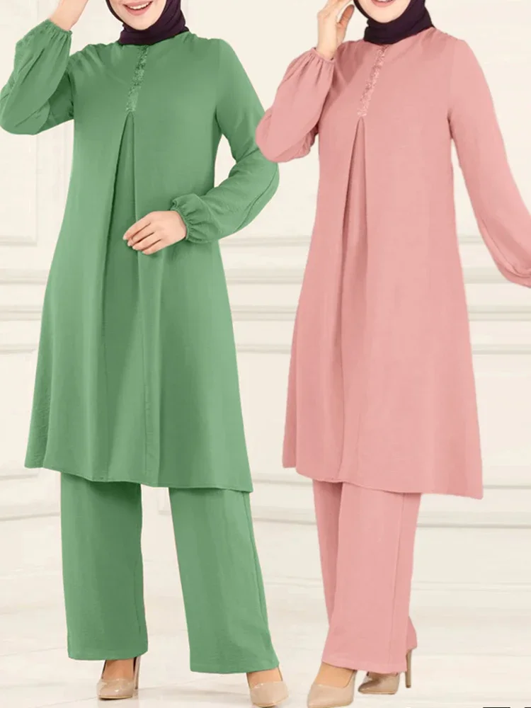 Casual Moslim Jurk Voor Vrouwen Blouse 2 Delige Set Lange Mouw Shirt Wijde Pijpen Broek Pakken Saudi Arabische Dubai Jurken Herfst 2023