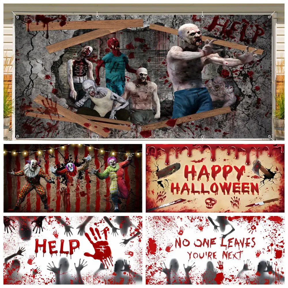 

Horror Halloween Garage Door Decoration Background Blood Hands Zombie Large Hanging Backdrop for Halloween Outdoor Yard Party