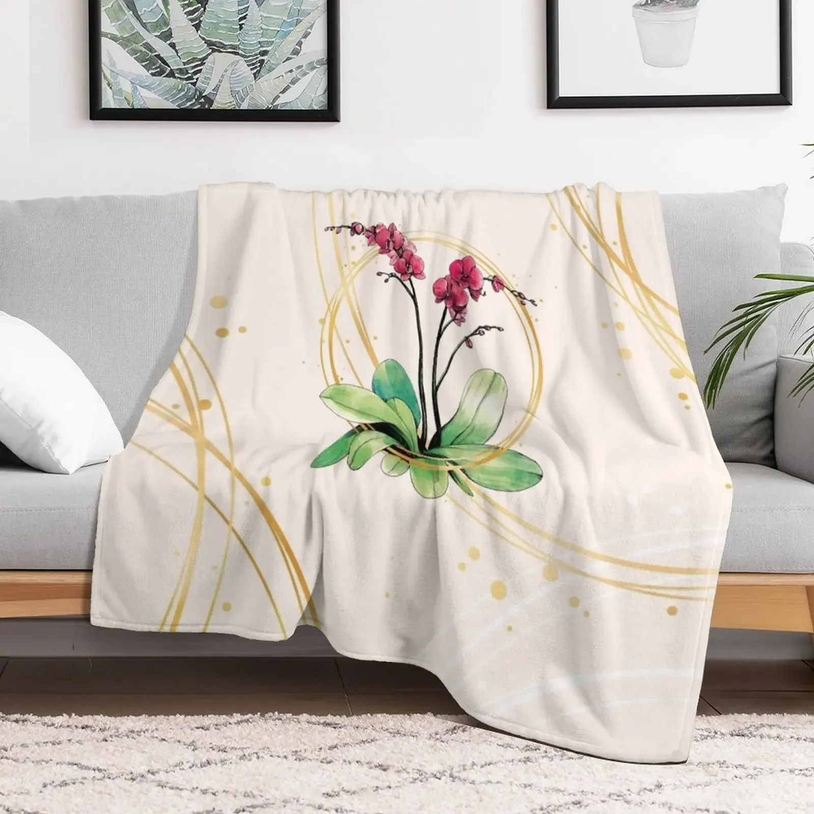 Orchid surrounded by golden hoops Throw Blanket Flannels Luxury Throw valentine gift ideas Blankets