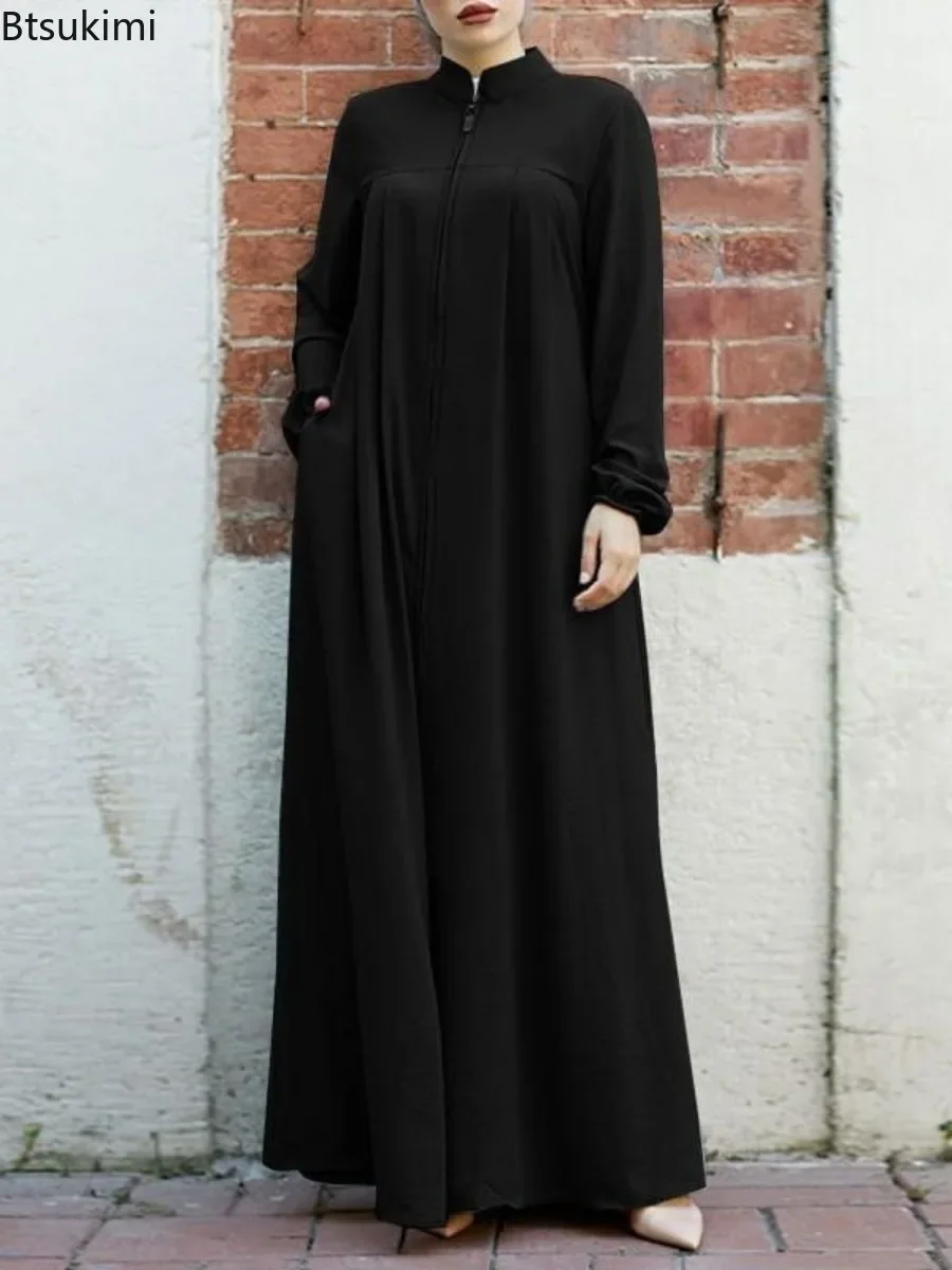 2025 Kadın Müslüman Uzun Kollu Rahat Kaftan Arap Elbiseler Moda Standı Yaka Eid Ramazan Abayas Fermuar Hırka Robe Kadın