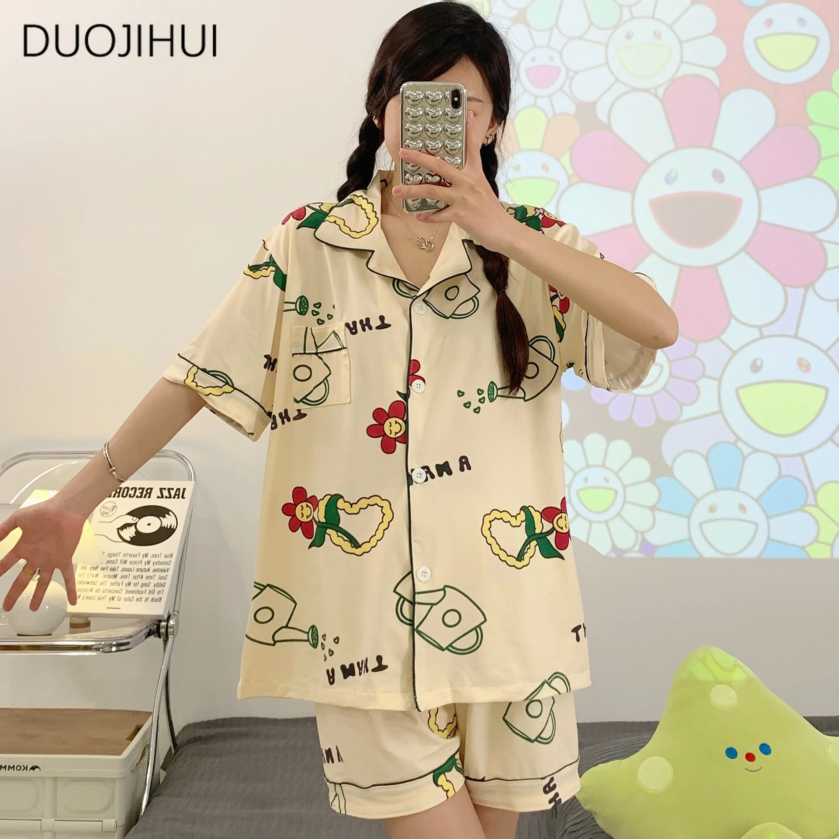 DUOJIHUI ins-pijama de duas peças impresso para mulheres, cardigã doce primavera, Calça básica, moda casual, lar, doce