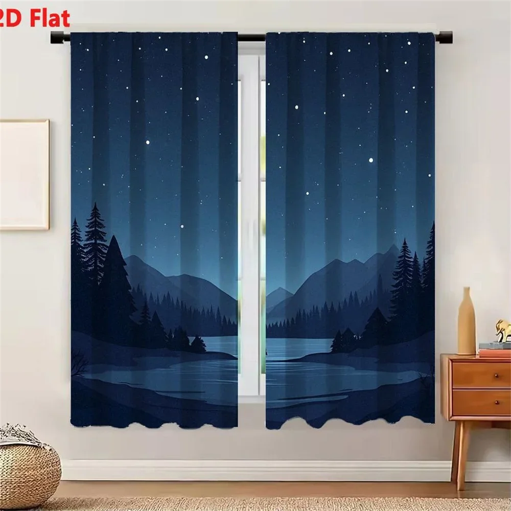 Galaxy Night Sky Landscape Curtain Blue Forest Stars Bedroom Living Room Window Drapes