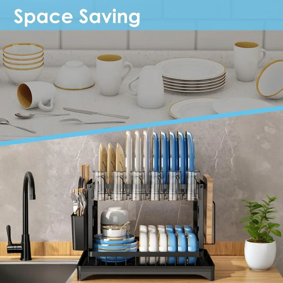 رف تجفيف الأطباق لطاولة المطبخ مكون من طبقتين لتجفيف الأطباق الحديدية مع سلة أدوات مائدة قابلة للإزالة باللون الأسود #3