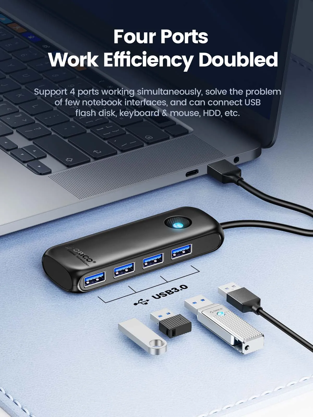 ORICO USB3.0 Hub 4 Ports 5Gbps High Speed USBA Docking Station Multi‑Port Splitter OTG Adapter For Laptop PC Macbook 15cm Cable