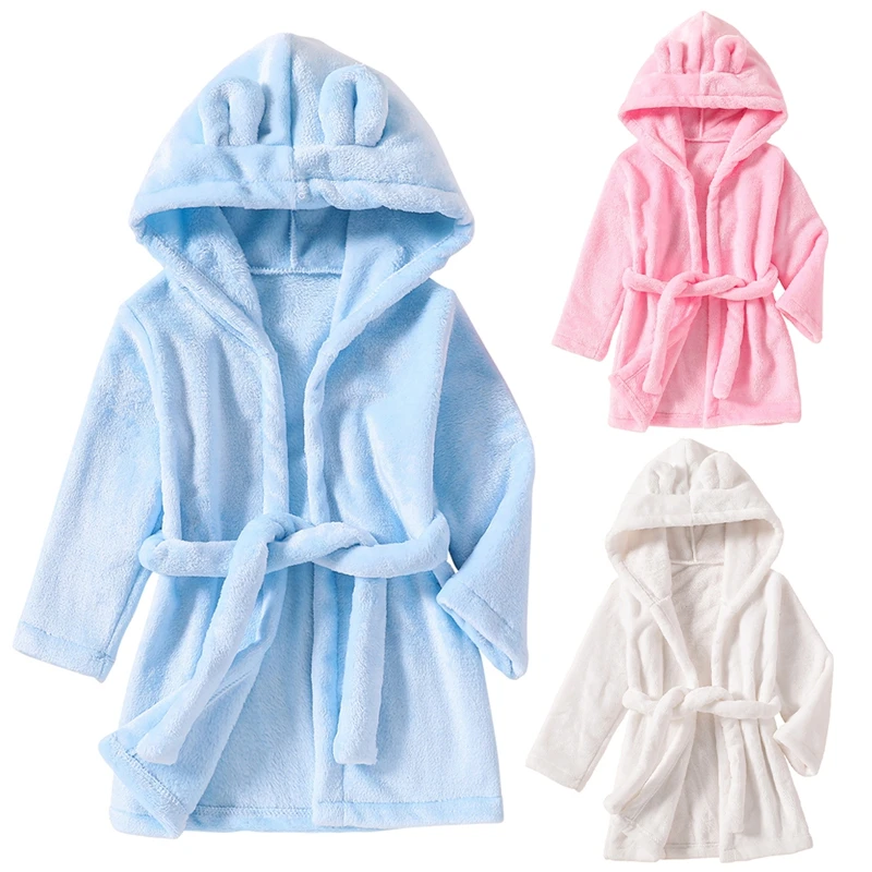 

New Winter Kids Sleepwear Flannel Warm Hooded Bathrobe Children Solid Color Plush Pajamas Long Sleeve Robe Clothes 2-7Y