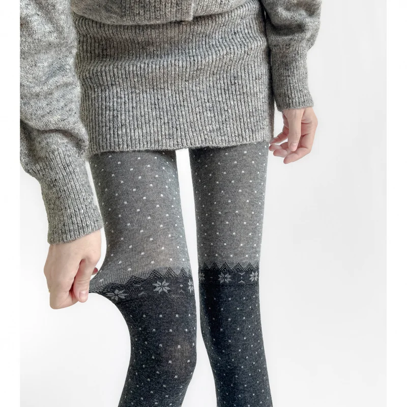 

Autumn Winter Tights Snowflake Dots Christmas Atmosphere Spliced Gray Polka Dot Color Block Miu Layered Leggings for Women