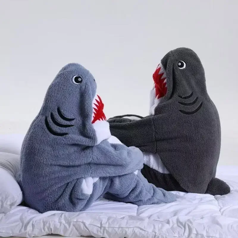 Winter Cartoon Cute Shark Flannel Sleeping Bag Wearable Blanket Men Women Jumpsuit Pajamas Soft Warm Nap TV Lazy Blanket Adult