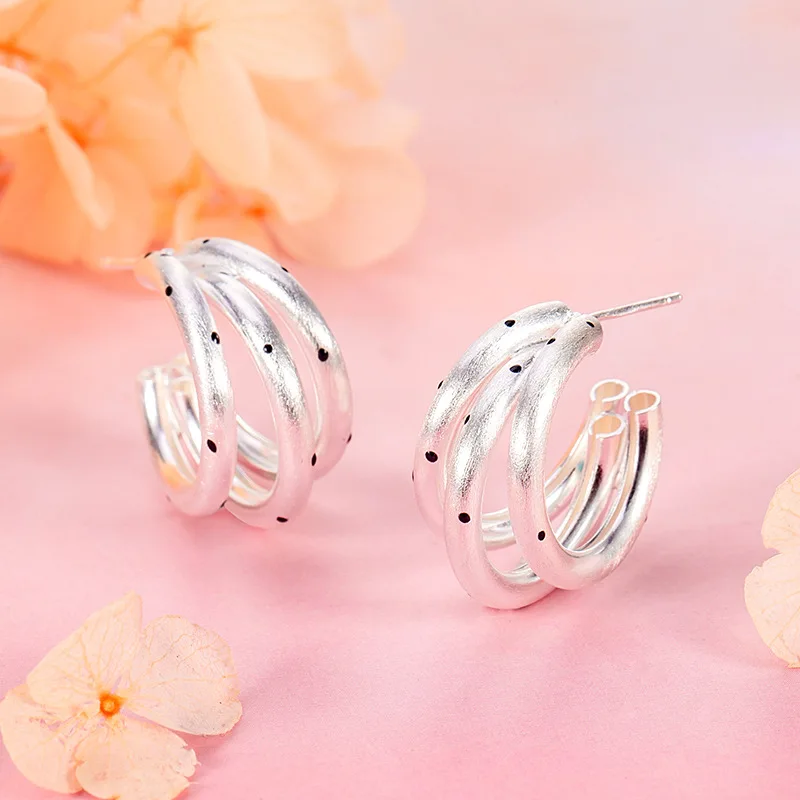 

PANJBJ 925 Sterling Silver Three Layer Earrings For Women Texture Frosted Design Punk Minimalism Jewelry Gift Wholesale
