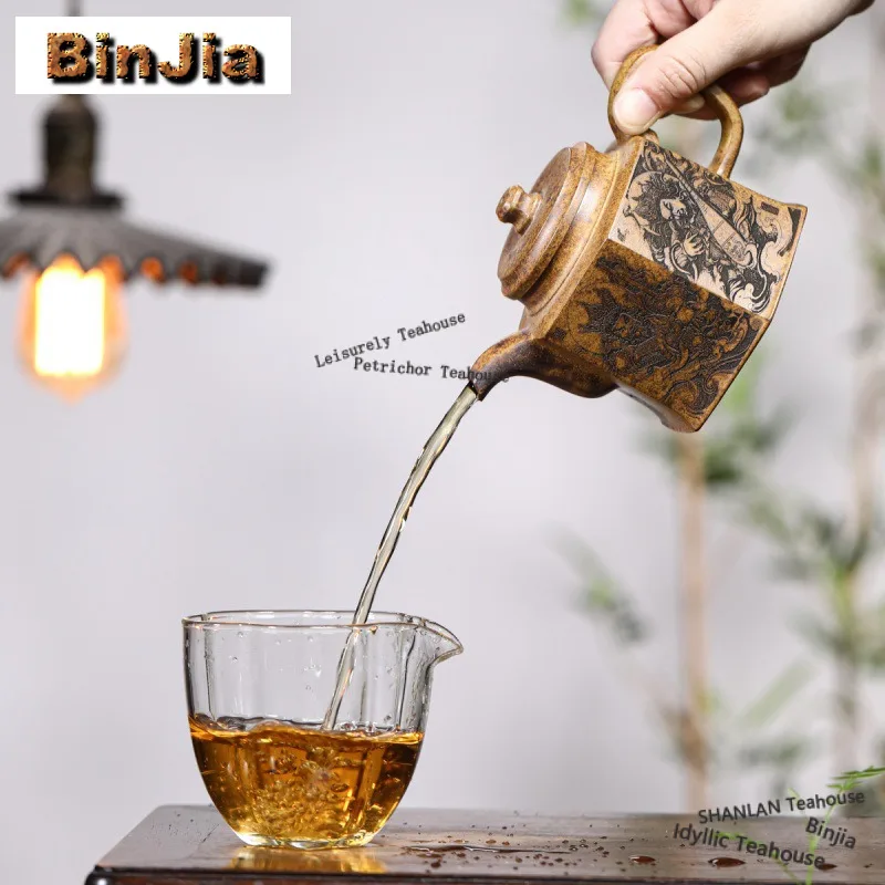 300ml Yixing Purple Clay Teapots Handmade Hexagonal Gold Bell Pot Raw Ore High Temperature Section Mud Kettle Zisha Tea Set
