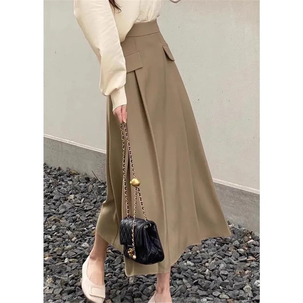 Vintage Grey Medium Length Skirts Women Spring Summer High Waist Pleated Umbrella Skirt Fashions Y2k Female Korean Style Clothes