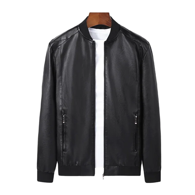 Spring and Autumn Men's Casual Motorcycle Leather Jacket Casual Stand Collar Solid Color Black Leather Jacket Zip Up PU Coat