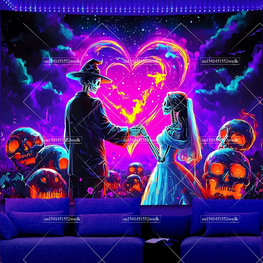 UV Blacklight Reactive Tapestry Skeleton Bride Groom Glow In The Dark Skull Neon Tapestrys Aesthetic Wall Art Party Backdrops