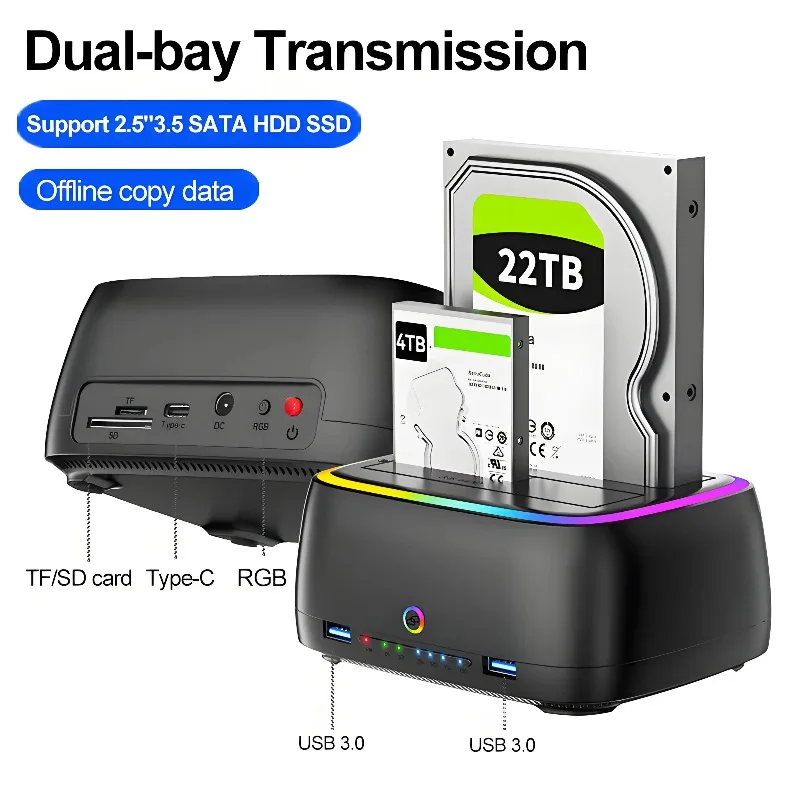 7 IN 1 Dual-bay Hard Drive Station USB3.0 5Gbps SATA HDD Docking Station for 2.5/3.5