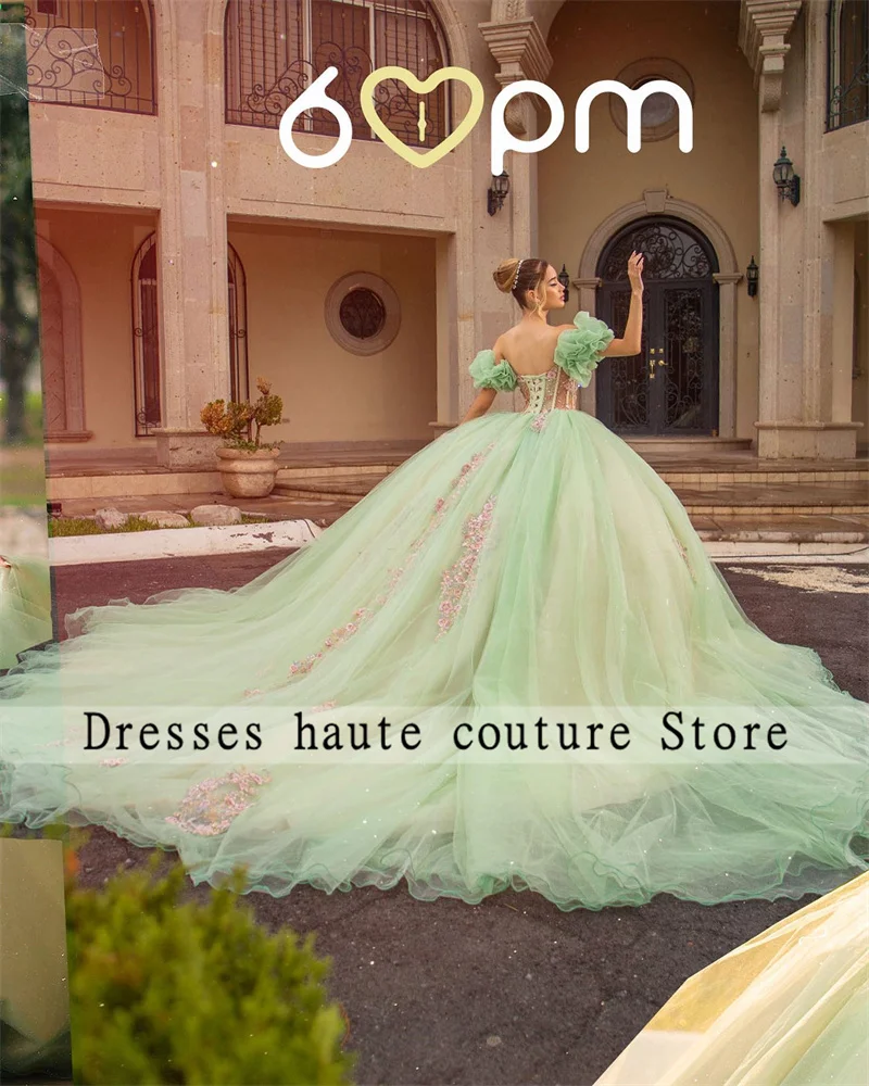 

Green Tulle Sweetheart Quinceanera Dresses Ball Gowns 2025 Beaded Lace Appliques Sweet 16 Dress Customized Vestidos De 15 Anos
