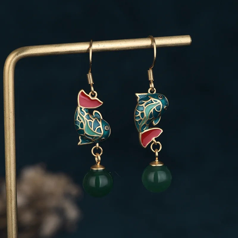 

2022 Carp Chalcedony Asymmetric Antique Enamel Earrings Exquisite China Style Earrings Retro Tassel Earrings for Women Jewelry