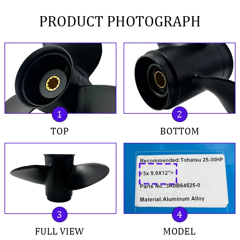 Aluminum Alloy Propeller for Tohatsu Nissan Mercury Outboard 9.9x12 Inch 3 Blade 10 Spline Fits 25 HP 30 HP Boat Motors