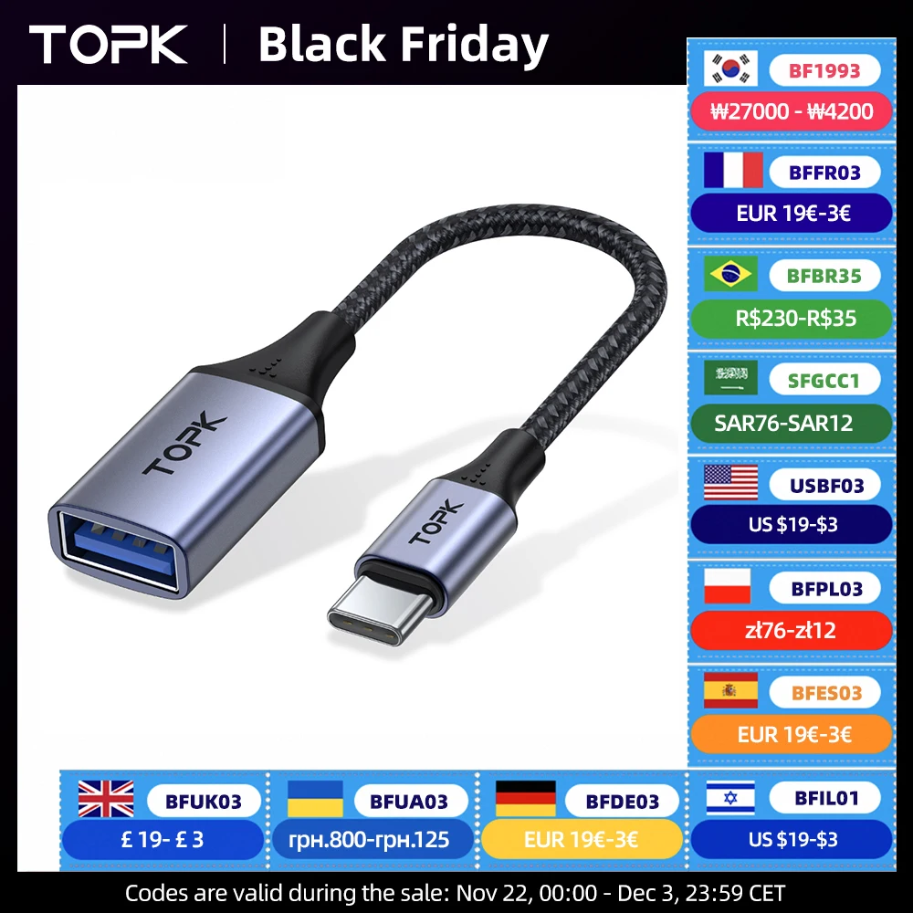 TOPK USB C na USB A Dapter OTG Kabel typu C męski na USB 3.0 2.0 żeński do MacBooka Pro Adapter Samsung Typ C