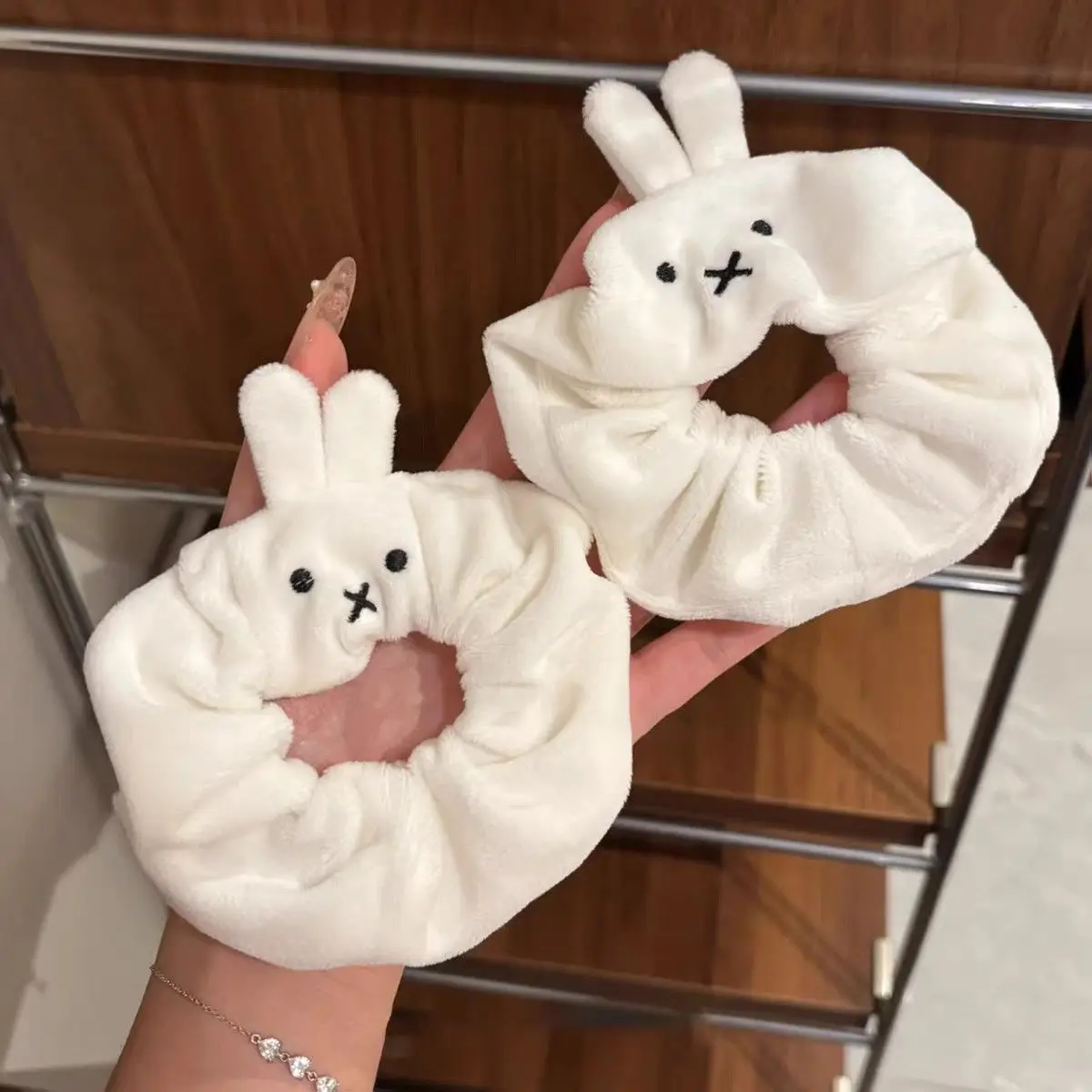 Cute White Miffy Plush Large Intestine Hair Band Female Sense of Luxury Autumn and Winter Meatball Head Hair Rope Headgear New