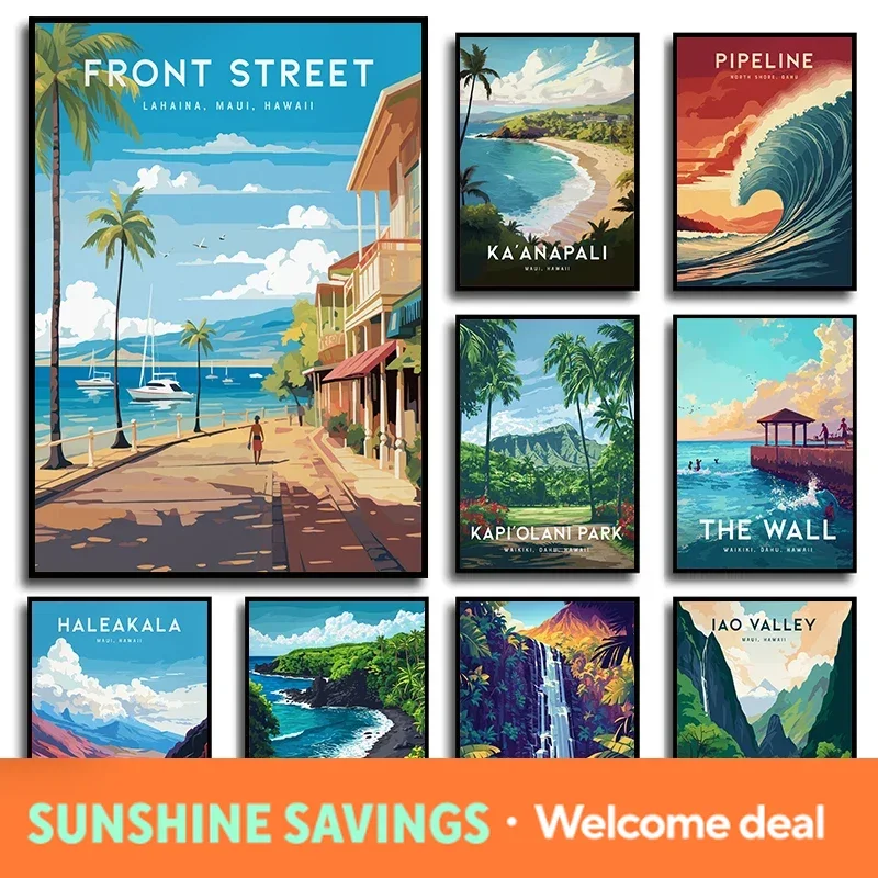 Vintage Hawaii Lahaina Travel Mountain Beach Nature Landscape Poster Canvas Painting Wall Art Pictures Home Interior Decor Gi