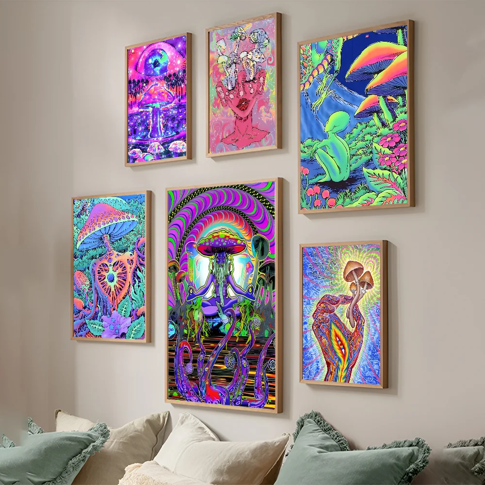 80S Trippy Skeleton Neon Psychedelic Mushroom Anime Posters Sticky Waterproof Paper Sticker Coffee House Bar Kawaii Room Decor