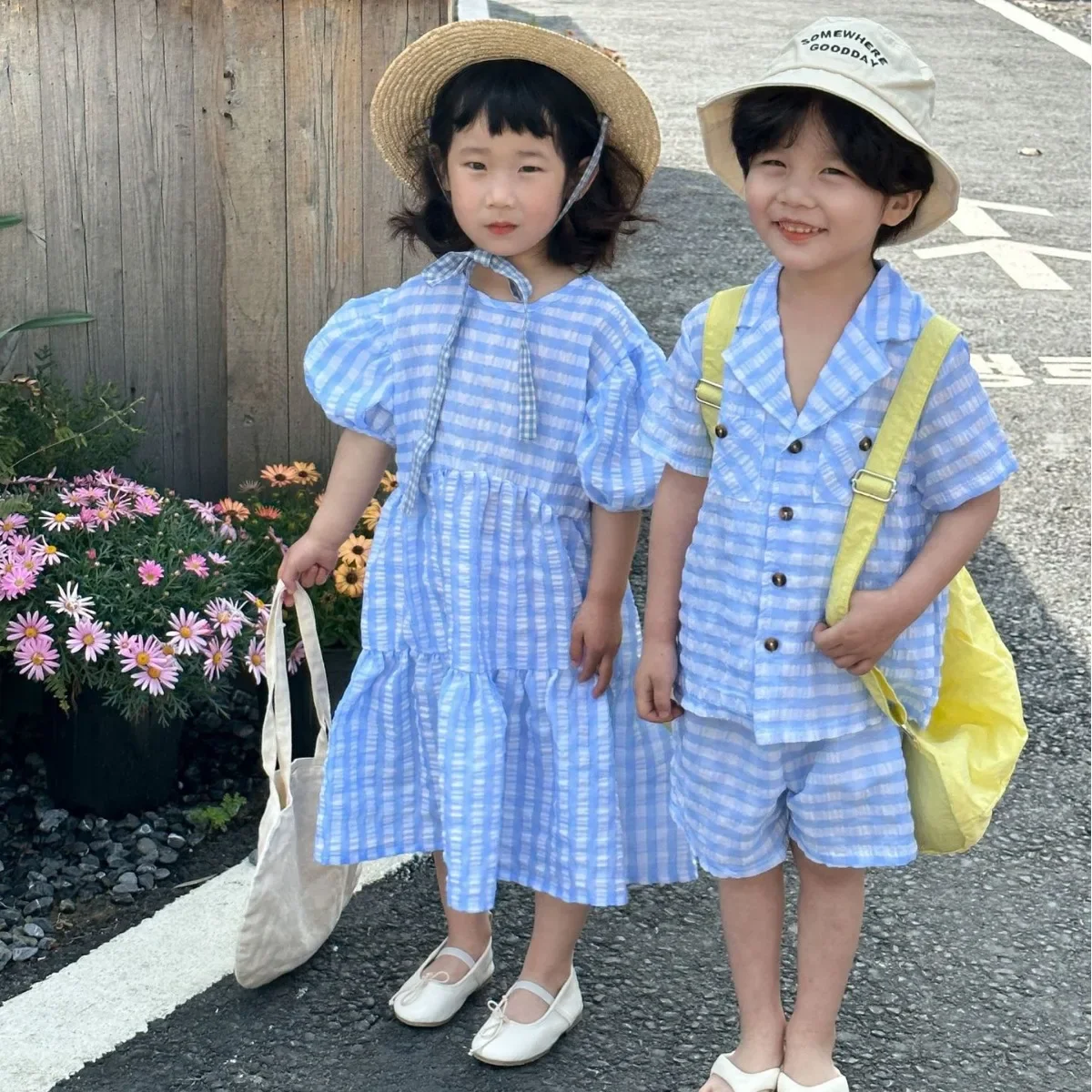 Children Clothing Kids Summer Suit Boy Plaid 2024 New Casual Baby Korean Style Girl Dress Brother and Sister Casual Clothes