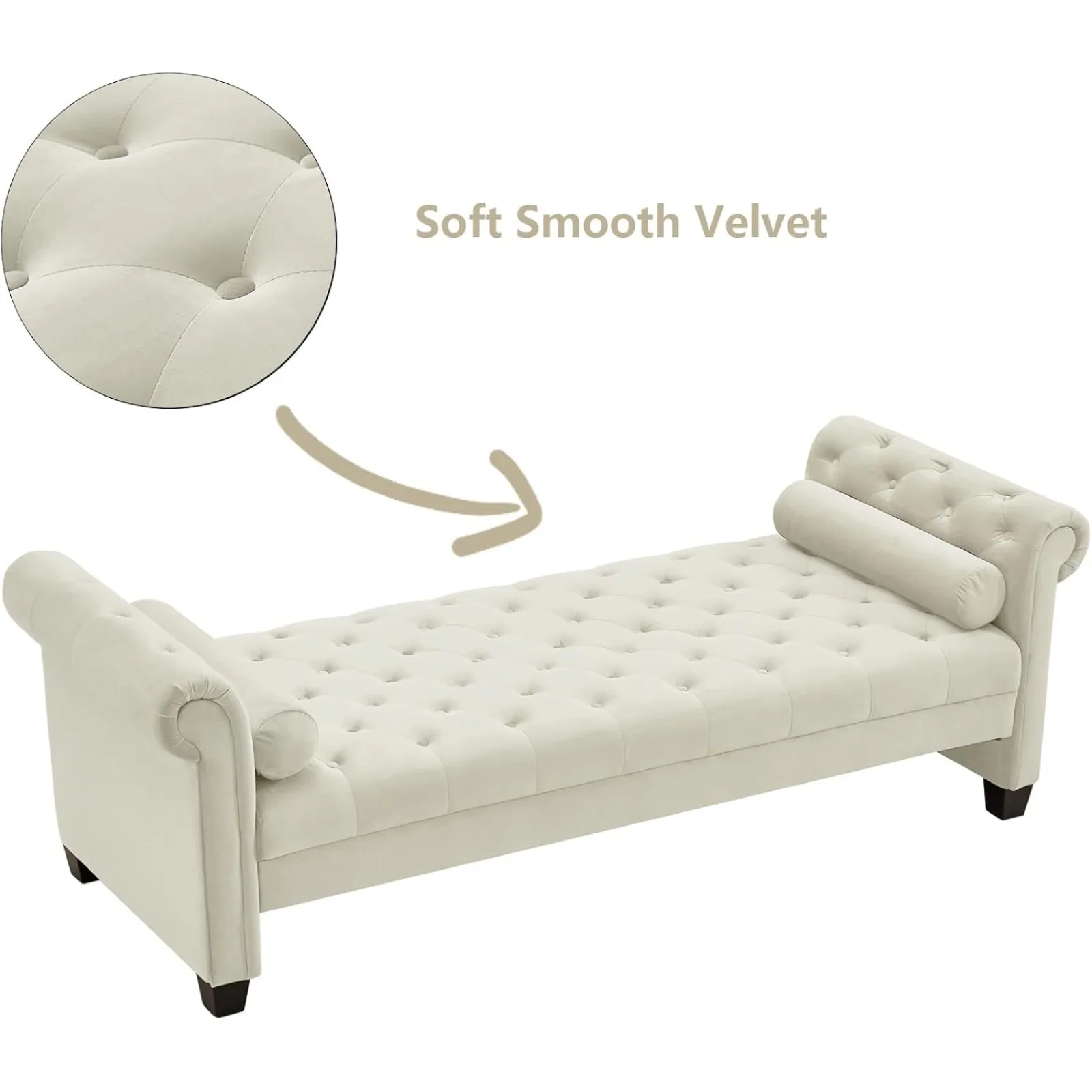 US Grey Large Velvet Sofa Bench 82 Inch, Rolled Arms, Button Tufted, 2 Pillows, Upholstered Footrest Stool for Entryway