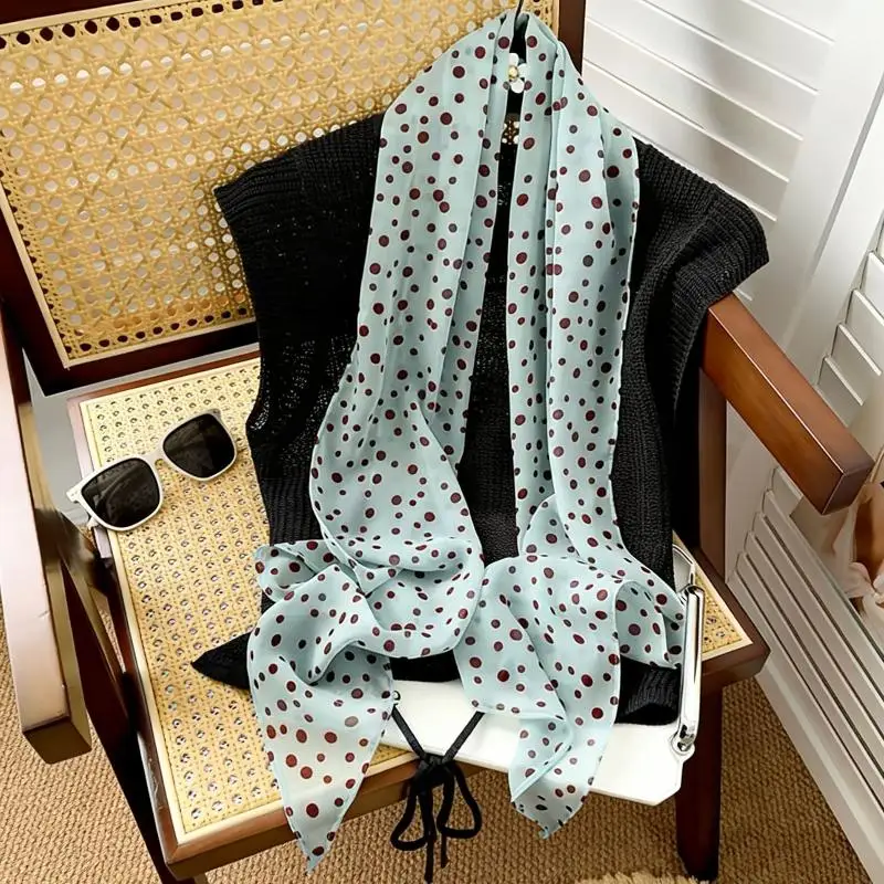 Seidenschal mit Polka-Dot-Blumenmuster, dünner Halstuch-Haarband-Taschenband für Damen, Vintage-Accessoire für den täglichen Gebrauch – Detail 9