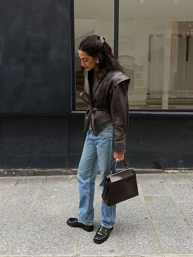 2025 mode femmes Vintage Faux cuir veste col en V à manches longues chaud court à lacets manteaux automne femme haute rue vêtements d'extérieur