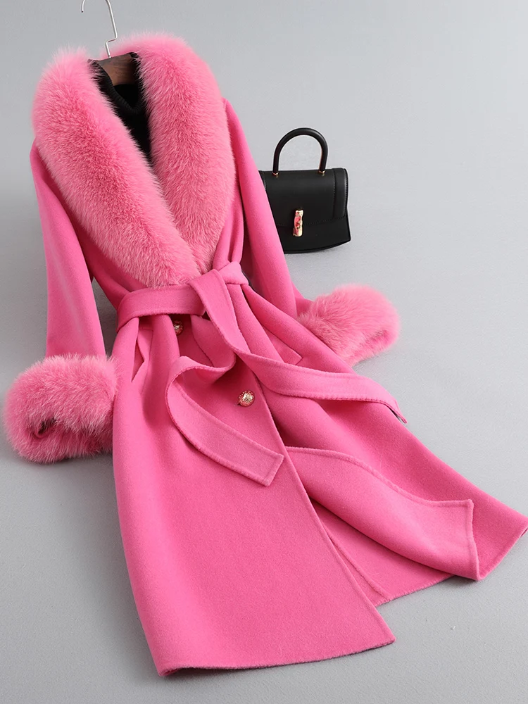 

2024 New Wool Coat Women Pied De Poule Natural Fox Fur Collar Cashmere Wool Blends Long Outerwear Ladies Streetwear Hot Selling