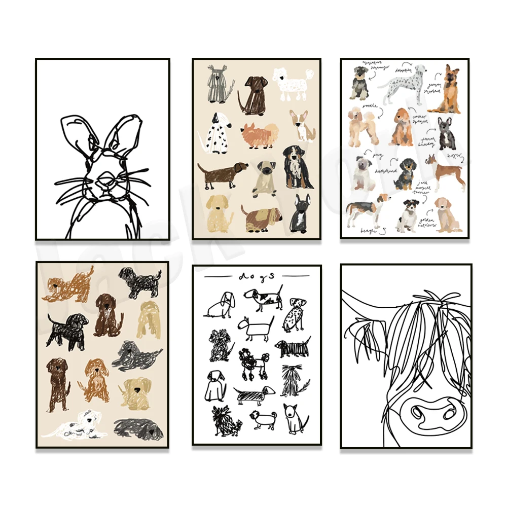 Highland cow, rabbit line art, dog breeds, dog black and white art, line art animal drawing, simple animal poster, dog love gift