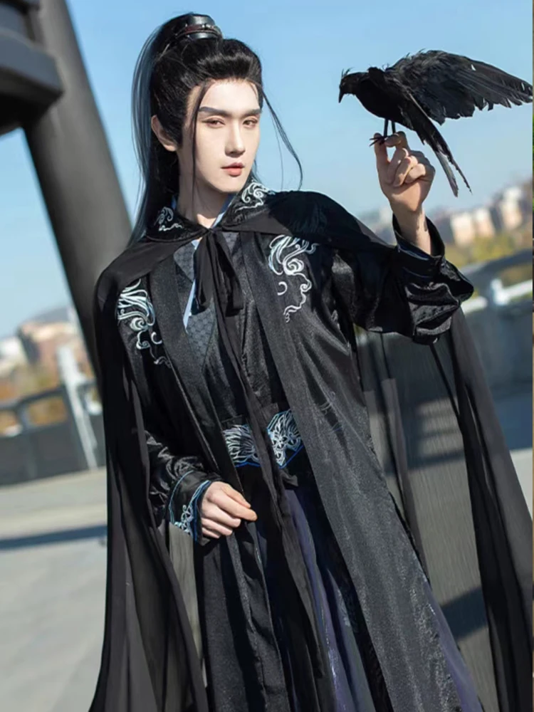 Trajes cosplay hanfu para homens, vestido estilo chinês antigo, manto preto hanfu, terno jacquard de colarinho elegante, roupas vestidas, 3XL