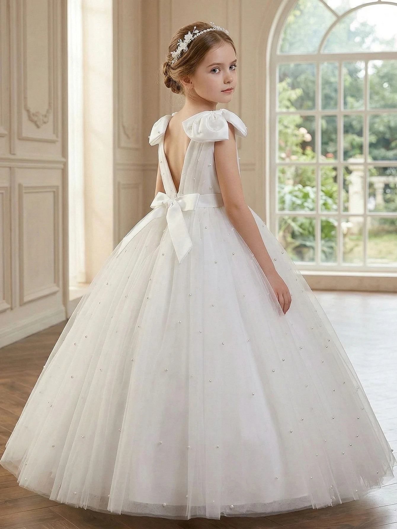 Girls White Princess Ball Gown Pearl Embellished Tulle Shoulder Bows V Back Flower Girl Dress Wedding Communion Birthday Pageant